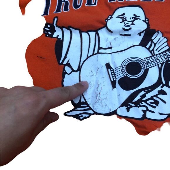 TRUE Religion T Shirt BUDDHA LOGO Shirt BIG LOGO Orange Large - Picture 8 of 12